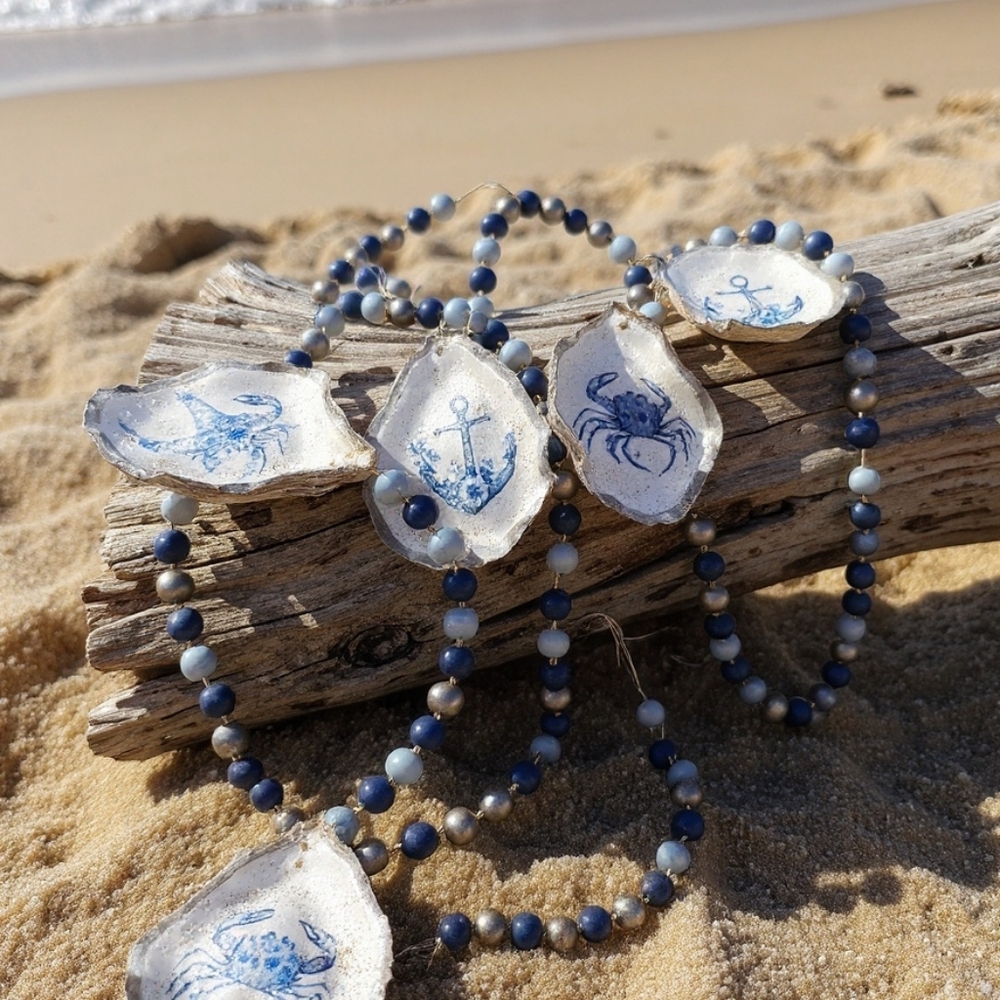 Nautical Blue and White Beaded Oyster Ornaments